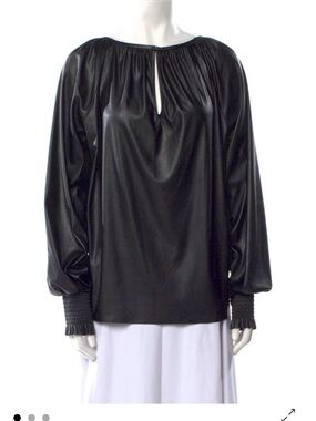 Milly Black Gathered Neck Long-Sleeve Blouse